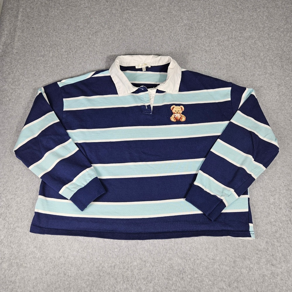 Riley & James Navy Blue Striped Teddy Bear Rugby Shirt Large Cropped
